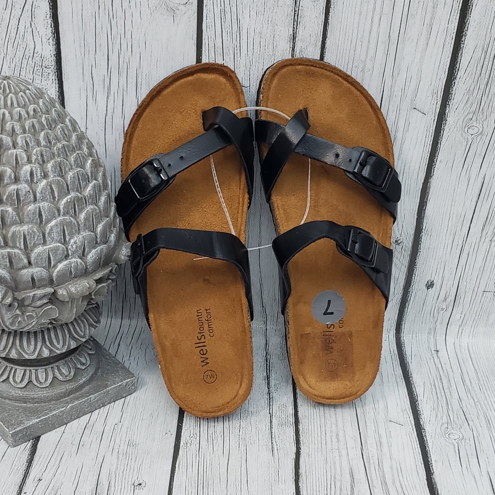 NWT Wellsfountn Comfort Black Leather Thong Flip Flop Sandals Women’s Size 7W